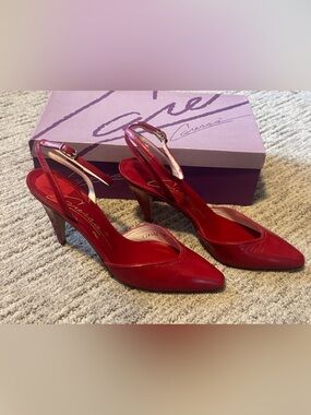 Vintage 80s Caressa Red Leather Slingback Pointy Toe Heels 7.5 Narrow